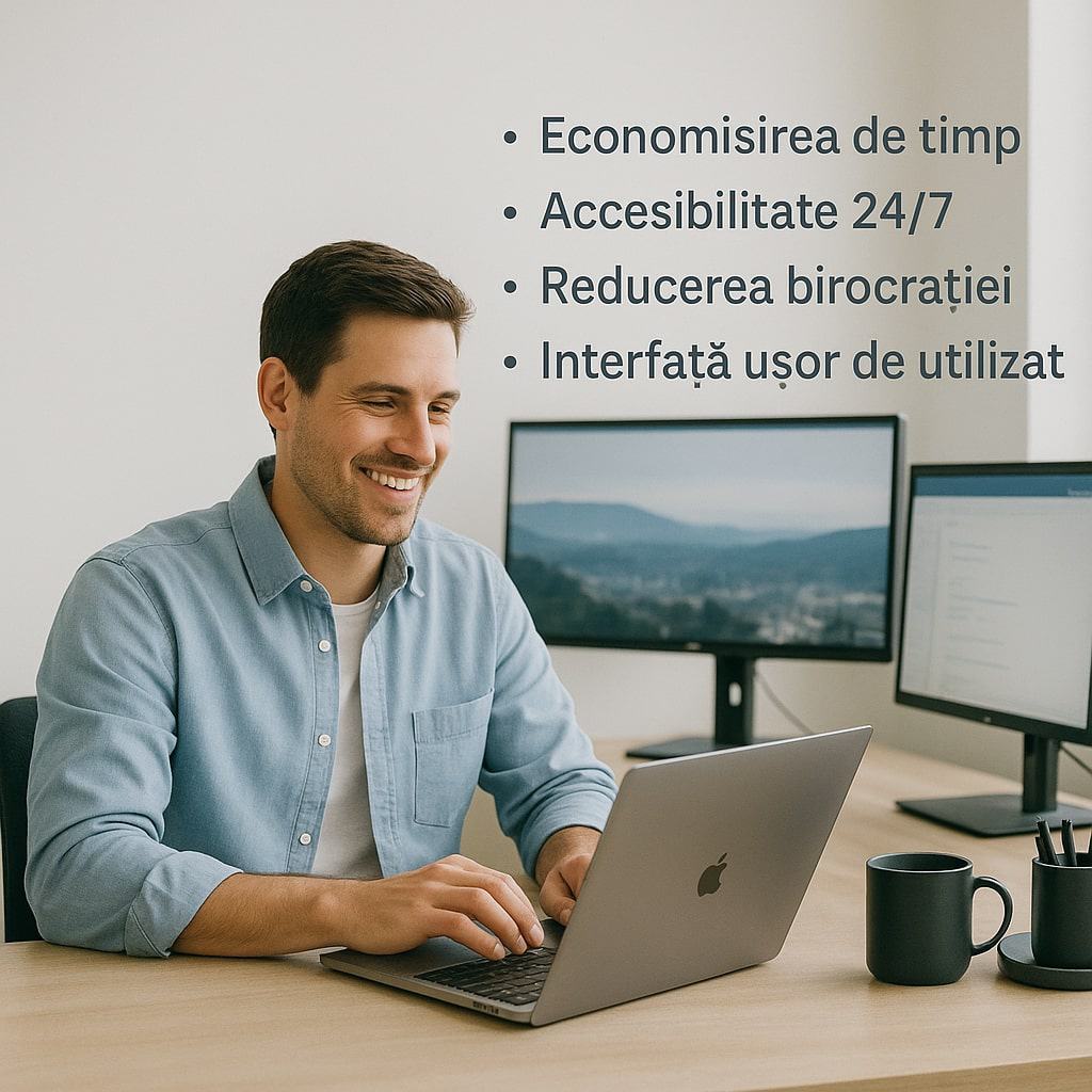 Un bărbat lucrează la un birou cu un laptop și monitoare. Textul de pe imagine enumeră beneficiile în limba română pentru Cazier Judiciar Persoane Juridice: economie de timp, acces 24/7, birocrație redusă și interfață ușor de utilizat.