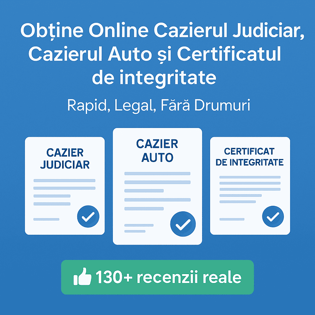 Trei pictograme pentru cazier judiciar, cazier auto și certificat de integritate pe un fundal albastru, promovând accesul online la documente cu peste 130 de recenzii reale pozitive.