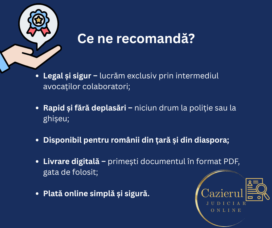 Listă de avantaje pentru serviciul Cazierul Judiciar Online, evidențiind siguranța legală, livrarea digitală și accesul facil din România și diaspora.