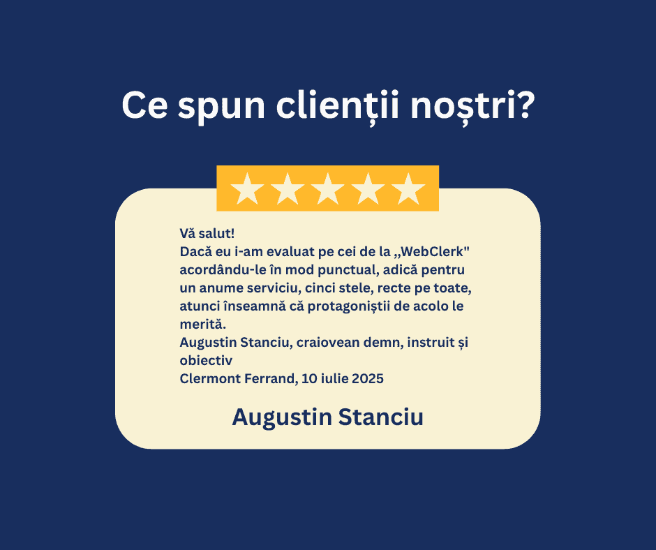 Mărturie a unui client în limba română cu un rating de cinci stele, cu o recenzie pozitivă și numele Augustin Stanciu pe un fundal albastru.