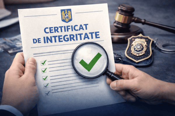 O persoană ține în mână un document "Certificat de Integritate" cu bife verzi, o lupă, ciocanul judecătorului și insigna poliției sunt vizibile pe masă.
